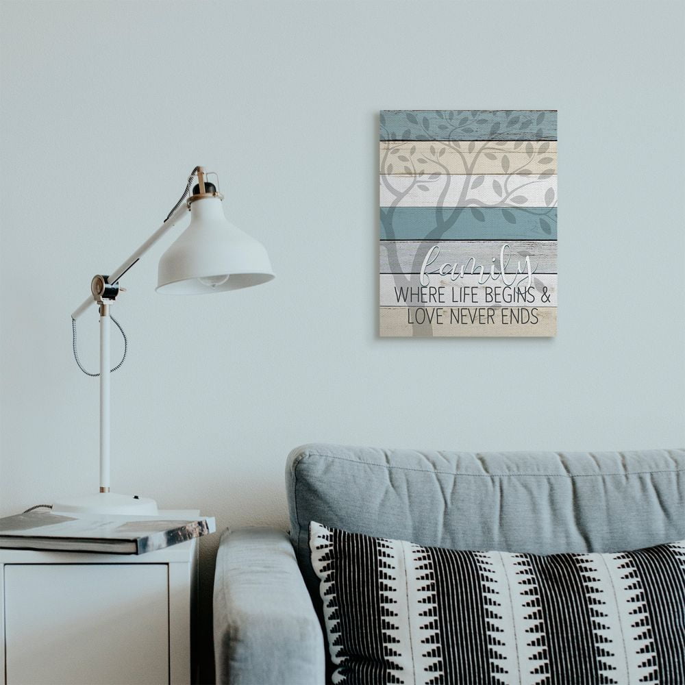 Stupell Industries Family Begin and End Quote Tree Wood Grain Blue Tan Phrase Canvas Wall Art Design by Kim Allen, 16" x 20"