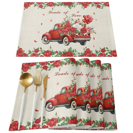 

Set of 4 Valentine s Day Table Mats Burlap Placemat Washable Non-Slip Heat Resistant Place Mats for Party Kitchen Dining Decorations 12 X 18 Inch