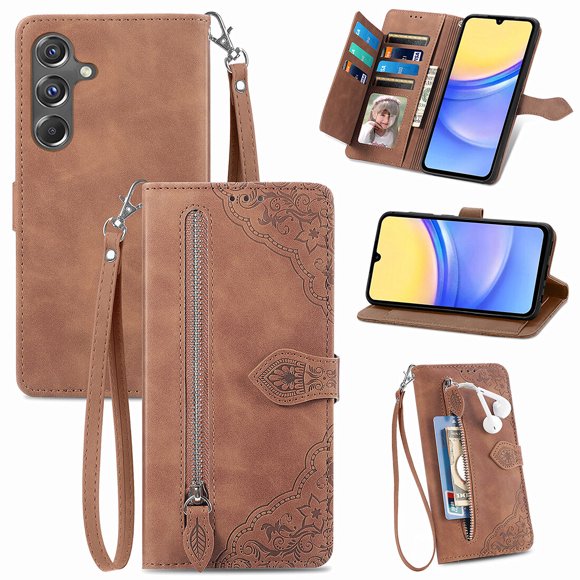 SYITOOCK Phone Case for Samsung Galaxy A15 5G, Shockproof PU Leather Wallet Case with Card Slots Anti-Scratch Stand Magnetic Flip Zipper Pocket Cover for Samsung Galaxy A15 5G, Brown
