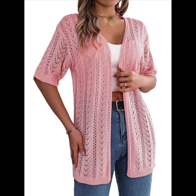 Suéteres Tipo Cárdigan de Verano para Mujer, Ligeros, de Media , con Abertura Frontal, de Crochet, para Playa. Rosa M