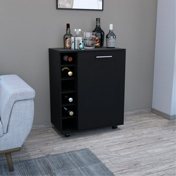 Black Coffee Cart, 6 Bottle , 4 Wheels, Exquisite Storage For Kitchen & Living Room 32" H Black, Versatile