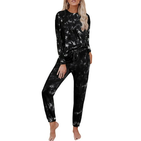 Bellella Women Pjs Tie Dye Pajamas Set Drawstring Nightwear Suit Comfy 2  Pieces Home Clothes Pyjama Lounge Black White M