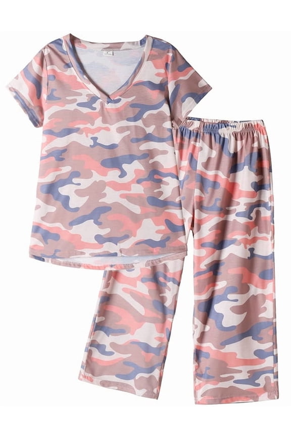 Women's Capri Pajama Sets Plus Size Sleepwear Top with Capri Pants 2 Piece Loungewear Set,S