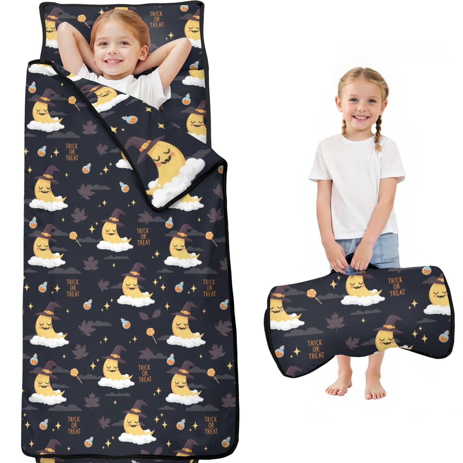 Halloween Moon Candy Black Pattern Kids Nap Mat Daycare Sleep Mat with Handle & Fastening Straps Easy Roll Up Gifts for Toddlers Kids Boys Girls 60 x20
