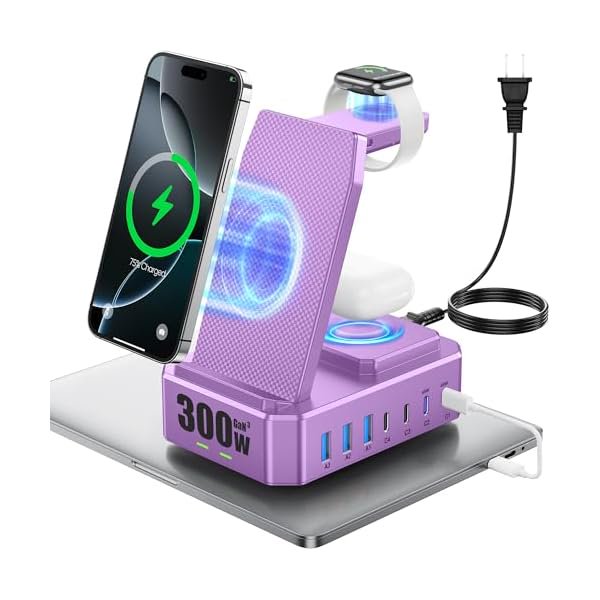 wonima02 300W Charging Station for Multiple Devices Apple, Zutspzss 10 in 1 Wireless Charger for iPhone 16, GaN III USB C 65W PD Fast Charging Stand Dock for MacBook, Apple Watch&Airpods,Purple