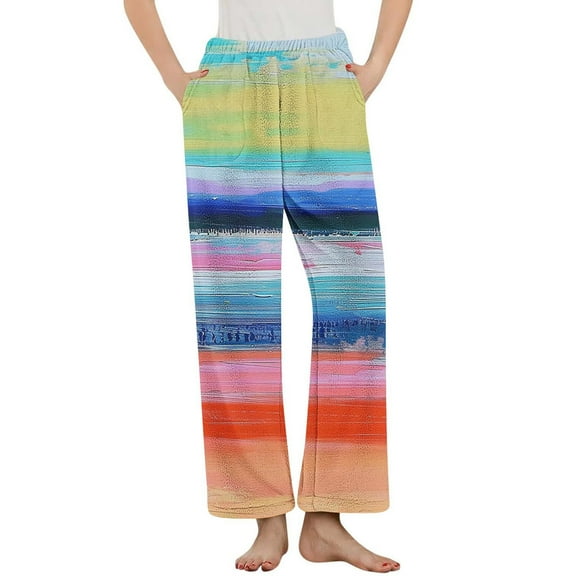 Tnhcen Women's Rainbow Striped Pajama Pants Fleece Elastic Waist with Pockets Flannel Lounge Sleepwear Warm Soft S-3XL