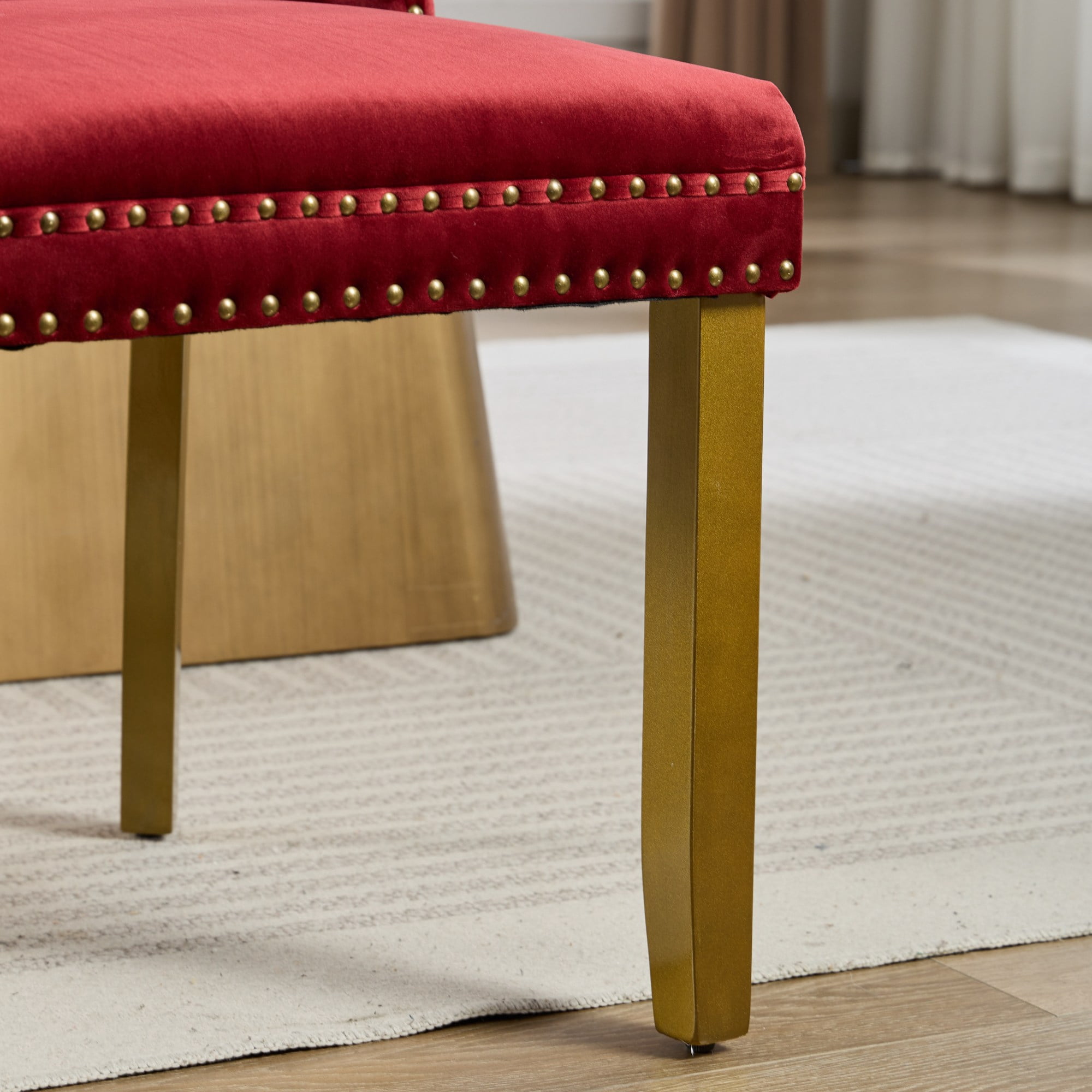 Mid-Century Velvet Dining Chairs, Wine Red, Gold Solid Wood Legs & Lion Pulls, Set of 2