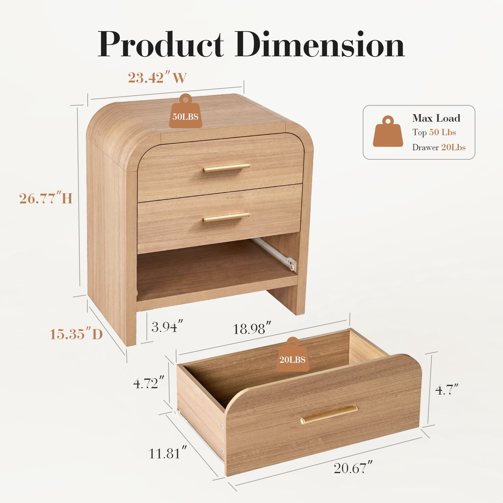 Vintagearth Nightstand Set of 2, 26.7" Tall Modern Curved Bedside Table, FSC-Certified Wood End Table, 3 Drawer Storage, Oak