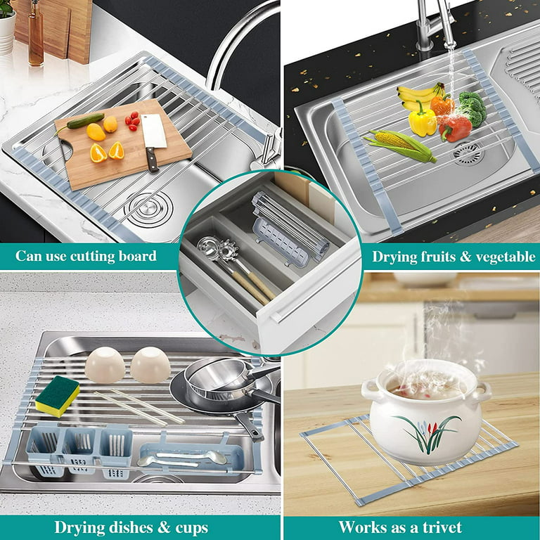 Kitchen Dish Drying Rack Retractable Baby Bottle Drainer Rack Over Sink  Adjustable Vegetable Drain Basket Folding Sponge Holder