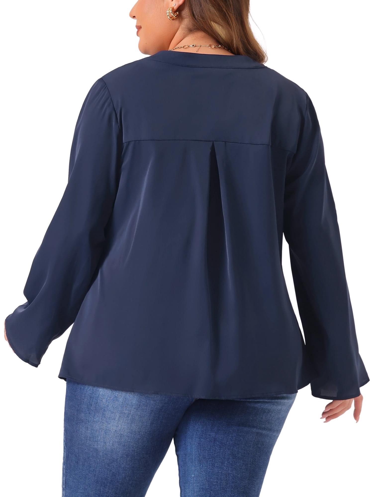 DARING DIVA Women's Plus V Neck Long Sleeve Rolled Up Sleeve Blouse 4X Navy Blue