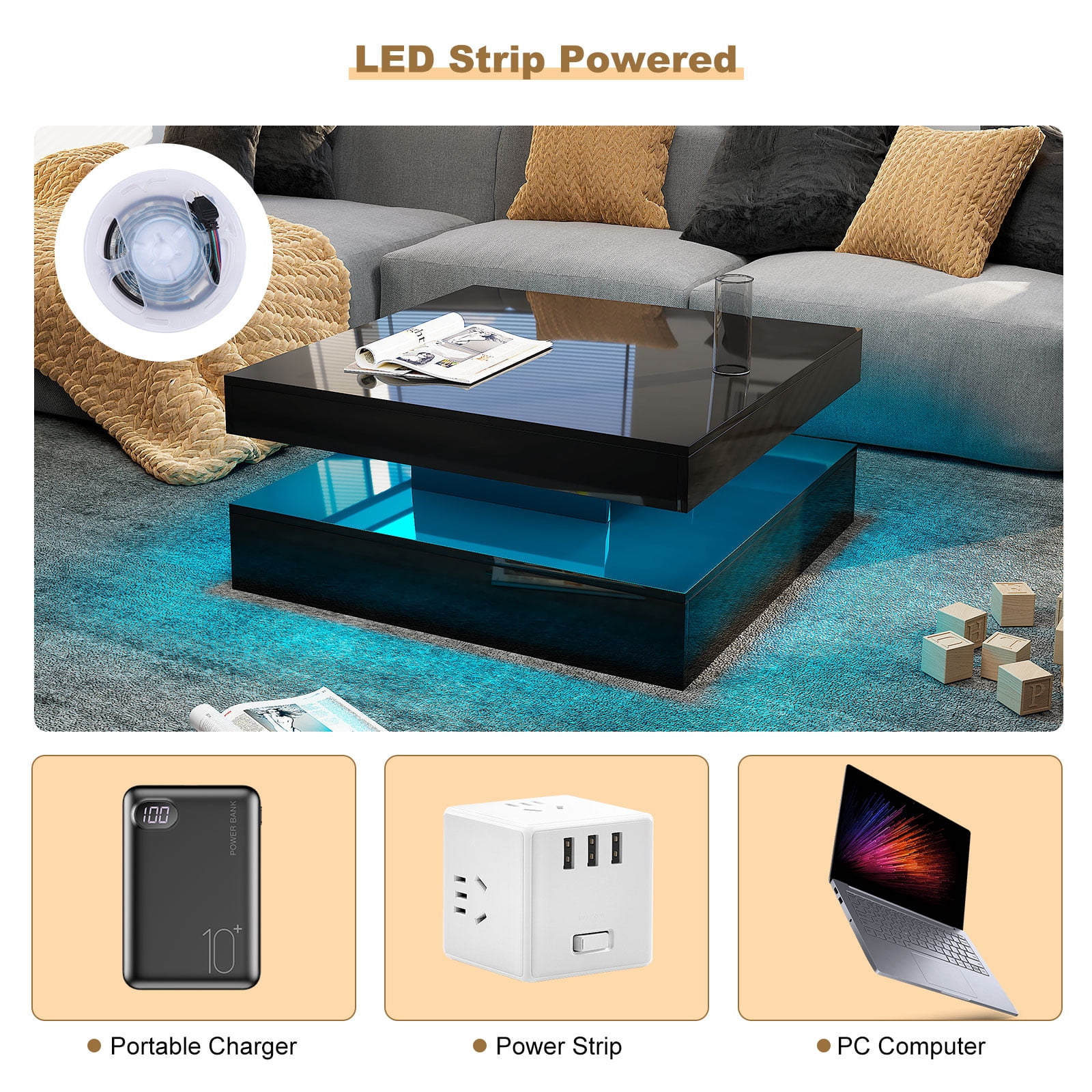 Hironpal Sturdy LED Coffee Table, 2-Tier Square Coffee Table High Gloss Minimalist Design with Plug-in 16-Color LED Light for Home Office Reception Room, Black