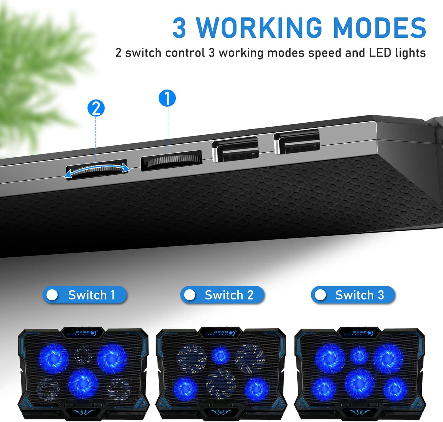 COOLCOLD 15.6"-17.3" Laptop Cooling Pad with 6 Quiet Fans 2 USB Port- Laptop Cooler for Notebook Gaming Fan Stable Stand - Portable Ultra Slim Laptop Cooling Pad - Switch Control Fan Speed Function