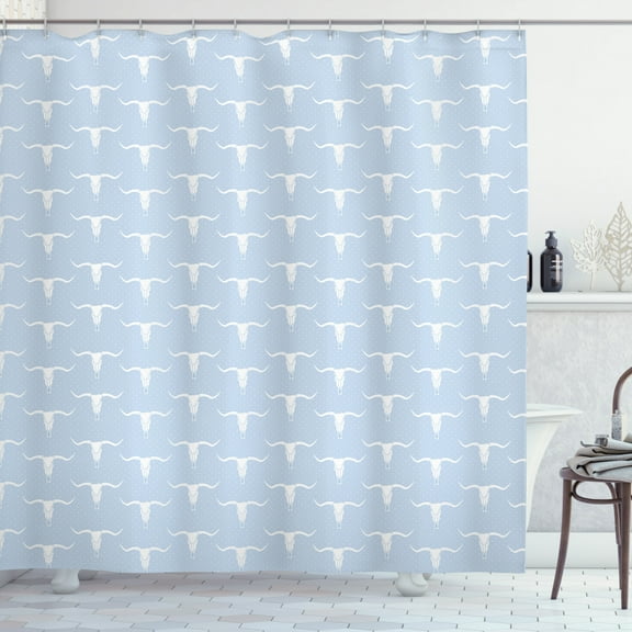 Longhorn Shower Curtain, Monochromatic Repetitive Pattern with Plus Symbols and Bull Skull Pattern, Fabric Bathroom Set with Hooks, 69"WX70"L, Purpleblue White, by Ambesonne
