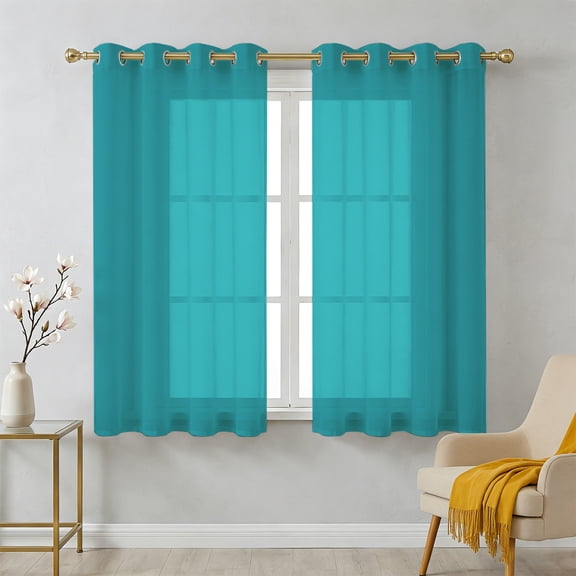 Teal Sheer Curtains 39 Inch Long 2 Panels, Solid Color Light Filtering Semi Sheer Drapes Grommet Voile Window Curtain for Living Bedroom W27.9 x L39