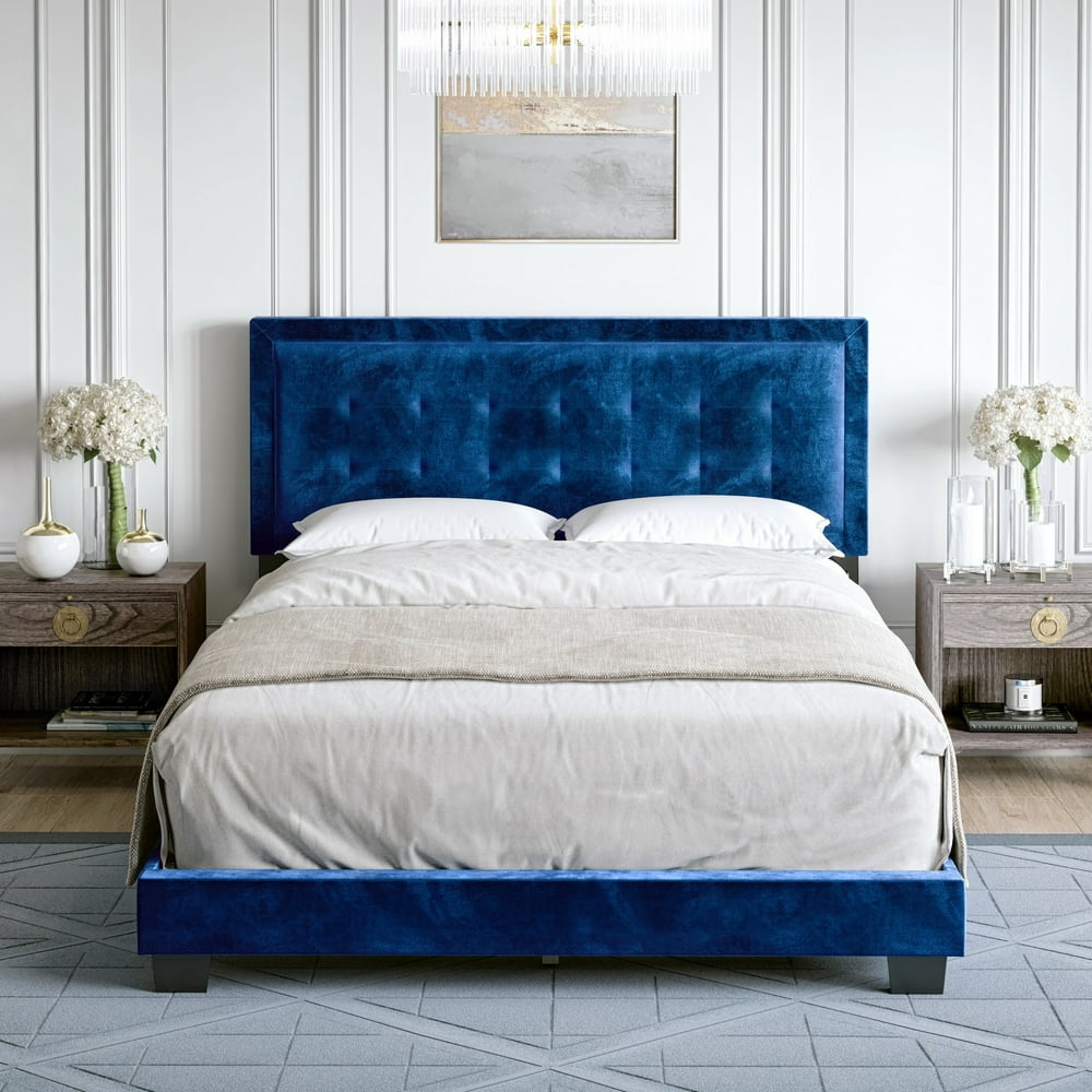 Premier Polina Velvet Upholstered Platform Bed Frame, Blue King