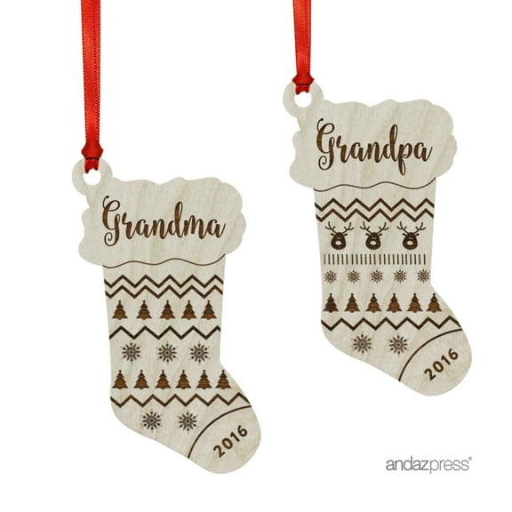 Laser Engraved Wood Christmas Ornament with Gift Bag, Grandma, Grandpa, 2017, Stocking Shape, 2-Pack