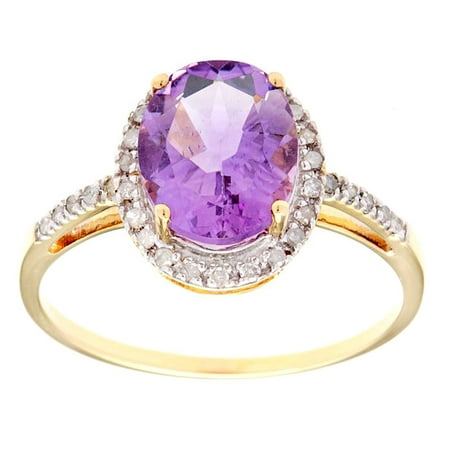 - 10k Yellow Gold Oval Amethyst and Diamond Halo Ring