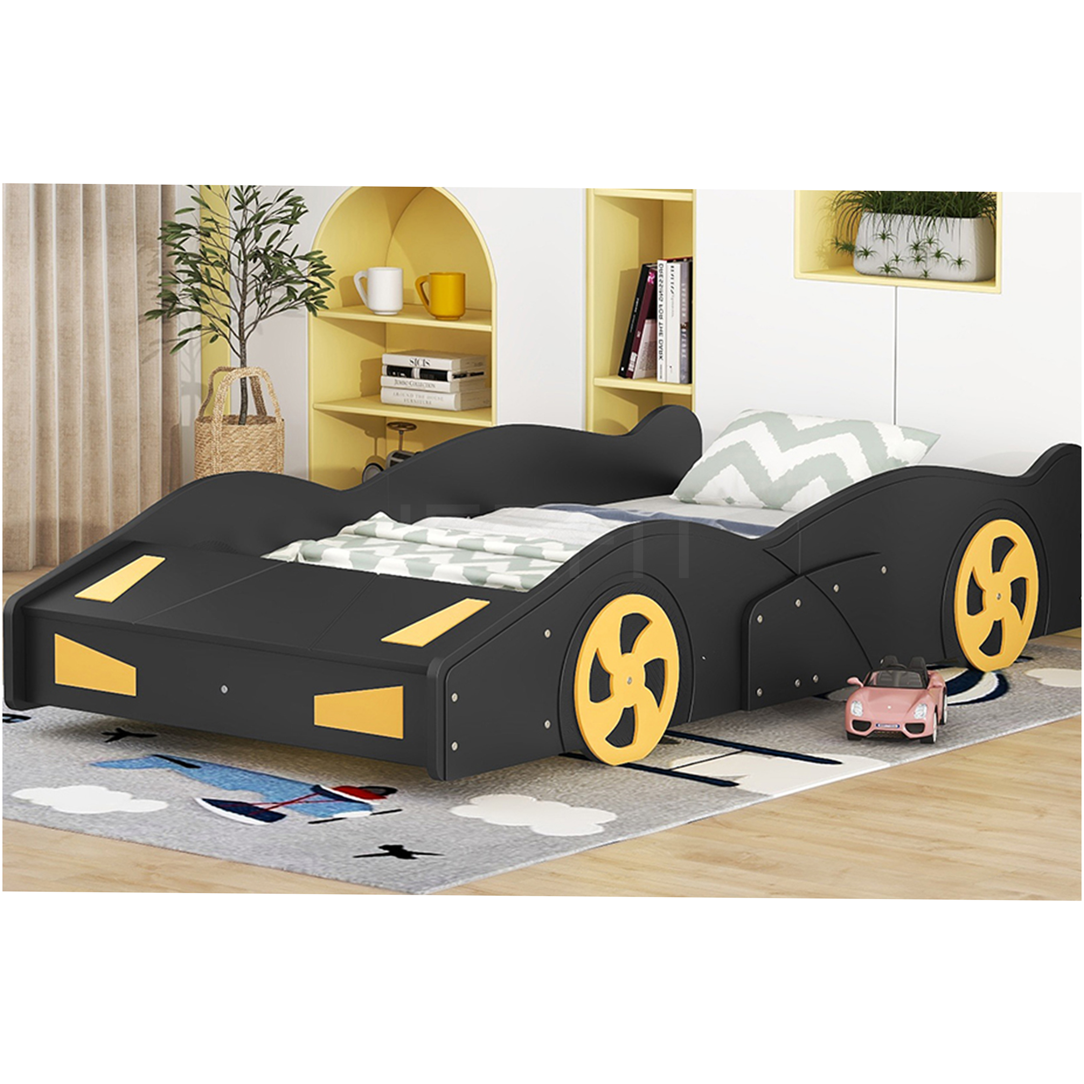 JERFIT Twin Size Race Car Themed Storage Platform Bed Frame with Wheels, Black