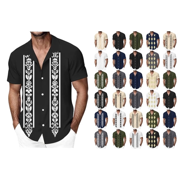 HAOTAGS Men's Short Sleeve Vintage Shirt, Cuban Collar Button Up Shirt Floral Print Casual Summer Shirt Breathable Blouse Black L