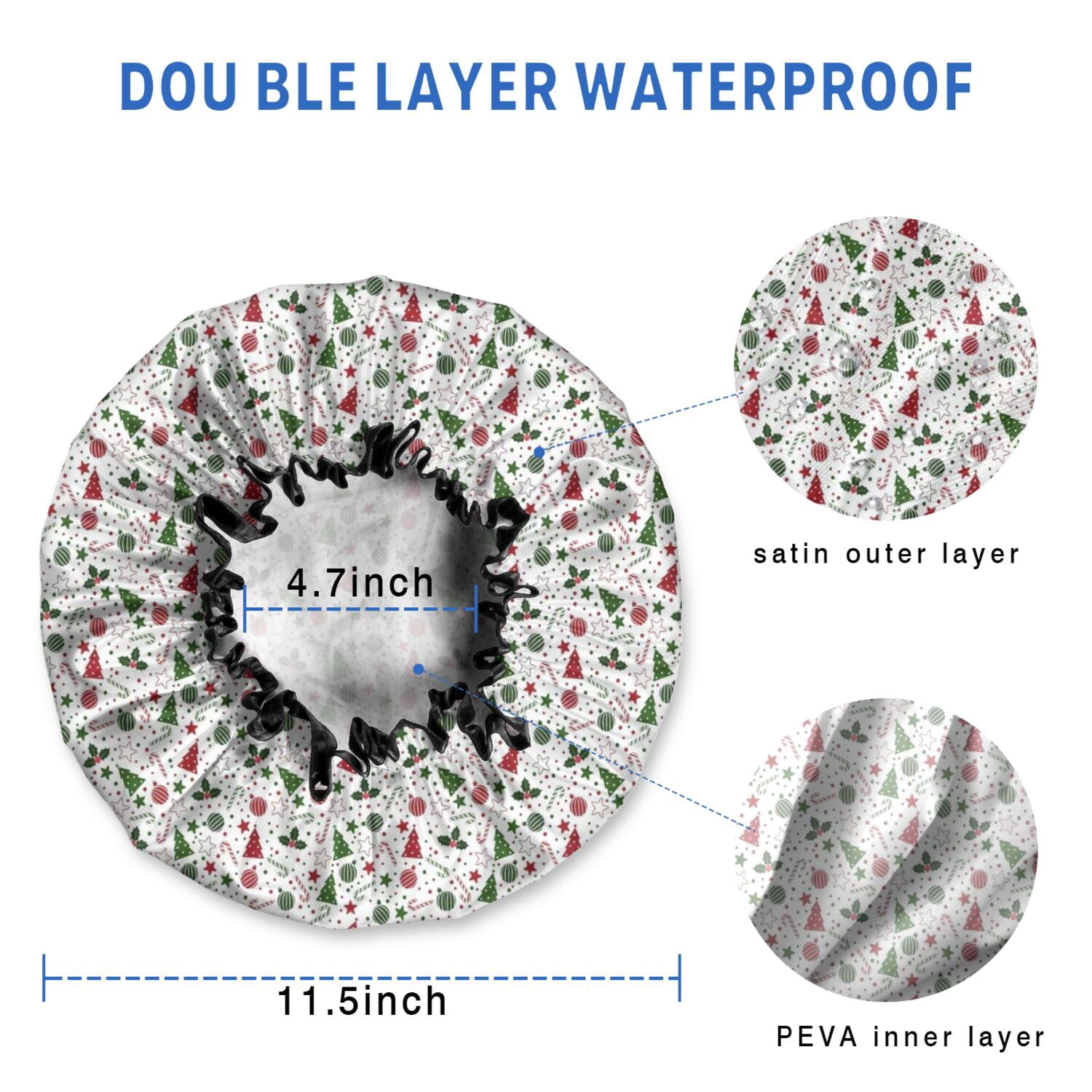 Shower Caps,White Christmas Tree and Ornament Pattern Waterproof Shower Cap for Women 4 Pieces,Double Reusable Hair Cover for Shower PEVA Elastic Stretch Hem