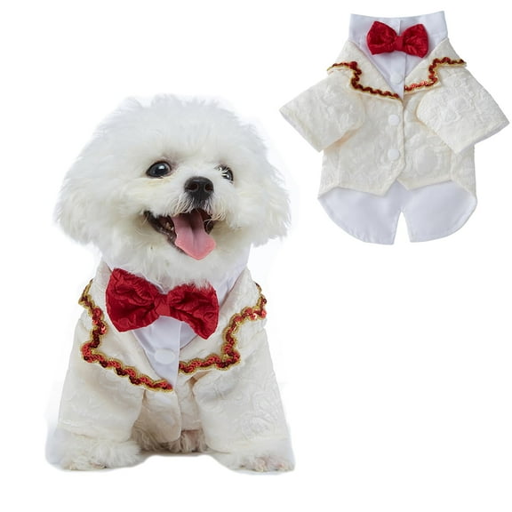 Harikaji Small Dog Tuxedo Outfit, Formal Dog Suit and Bandana Set, Dogs Prince Wedding Party Bow Tie Shirt Pet Wedding Attire for Small Medium Dogs White S