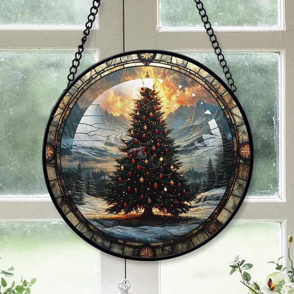 Personalized Christmas Tree Stained Glass Suncatcher Artistic Window Hanging, Christmas Tree 78” Hand-Painted Glass Panel Wall Home Decor, Christmas Tree Garden Decor OeXeAN (Christmas Tree 11)