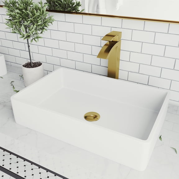 VIGO Matte Stone Magnolia Composite Rectangular Vessel Bathroom Sink in White with Faucet and Pop-Up Drain in Matte Gold