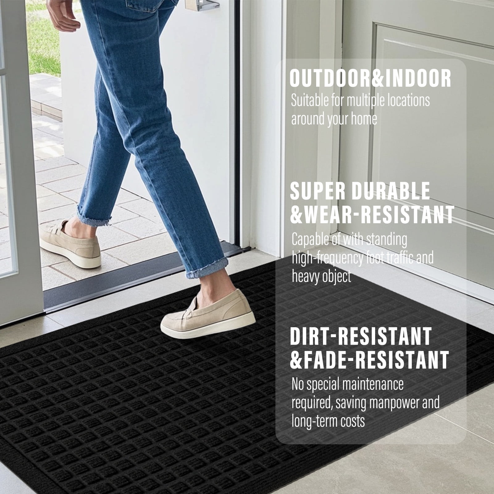 Front Doormat Non Slip Outdoor Mat 24"x36", Dirt Trapper TPE Welcome Mats Outdoor Indoor Rug, Durable Easy Clean Low Profile Doormat for Garage ,Entryway ,Patio ,High Traffic Areas, Black