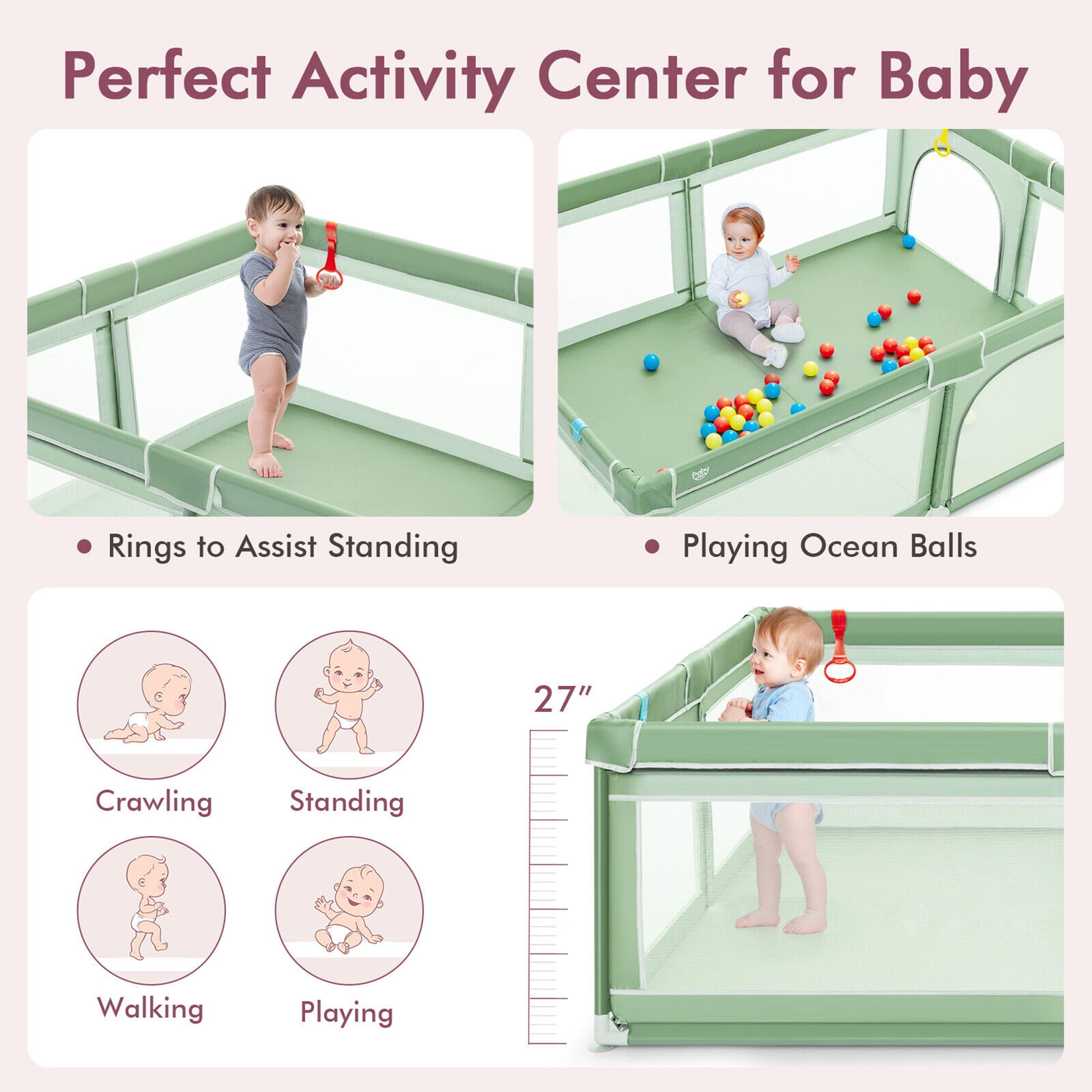 Gymax Baby Playpen Extra-Large Safety Baby Fence w/ Ocean Balls & Rings Light Grey