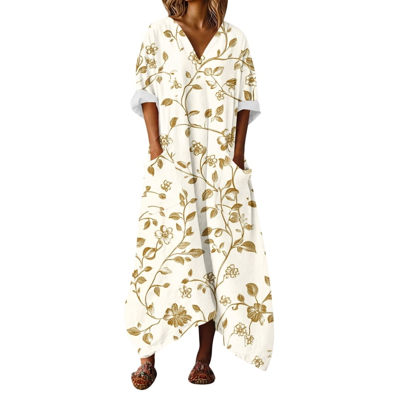 designer moomoo dress Blmnix Moomoo Dresses Dress Women Floral Dress Shift Petticoat Short Sleeve  Long V-Neck with Pockets Casual Dresses,S
