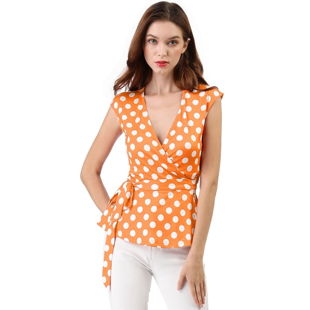 INSPIRE CHIC Haut à Pois Sans Manches à Col en V à Nouer à l'Avant Portefeuille pour Femme