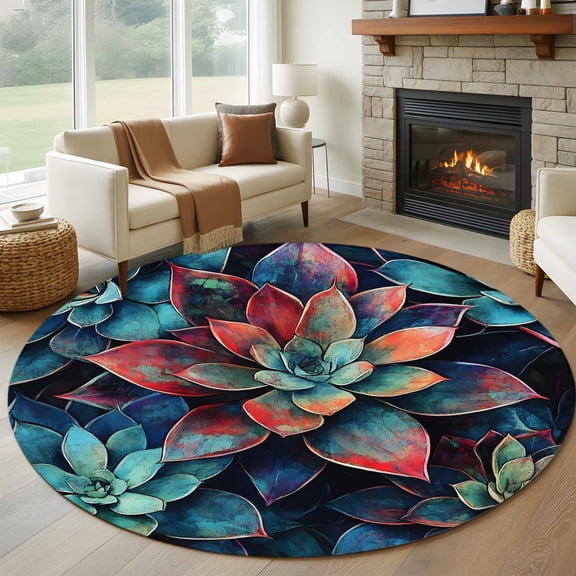 Teal Red Ombre Succulent Round Area Rug 5ft, Abstract Art Botanical Washable Non-Slip Circle Rugs for Bedroom Living Room Kitchen, Soft Low Pile Carpet for Dining Room Playroom Nursery