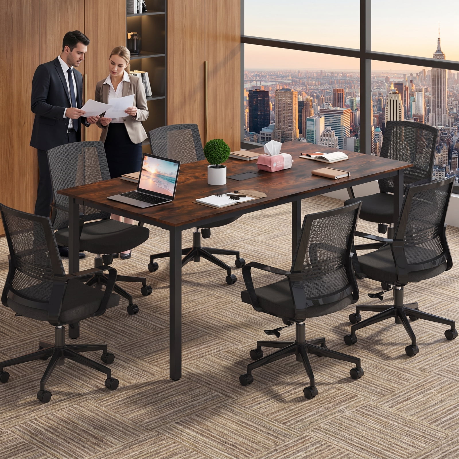 Furnibear 6 Feet Conference Room Table Large Rectangular Meeting Table Seats 8 to 10 People for Office Boardroom, Rustic Brown