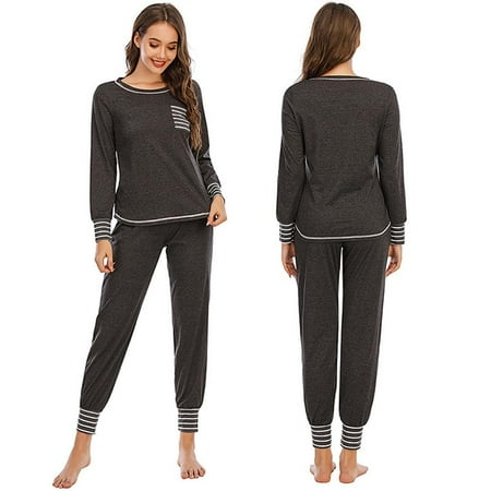 

Pretty Comy Women s Soft Long-sleeved Pajamas Set Leisure Striped Splicing Home Service Two-piece Set