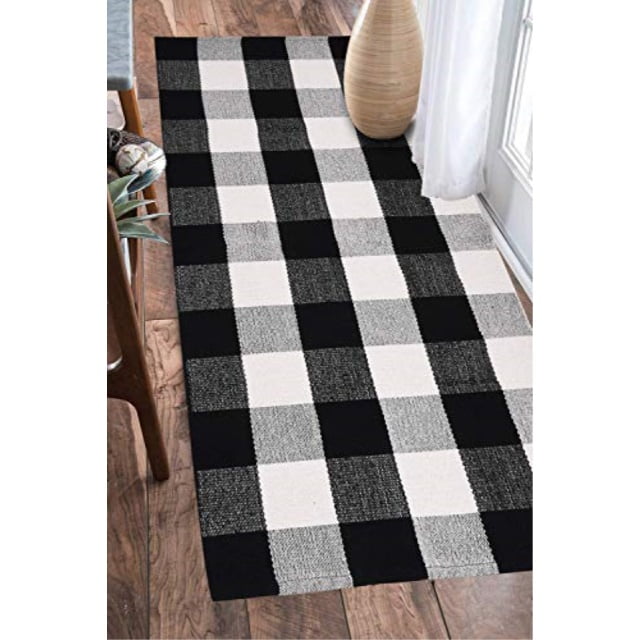 earthall cotton buffalo black and white plaid rugs, handwoven