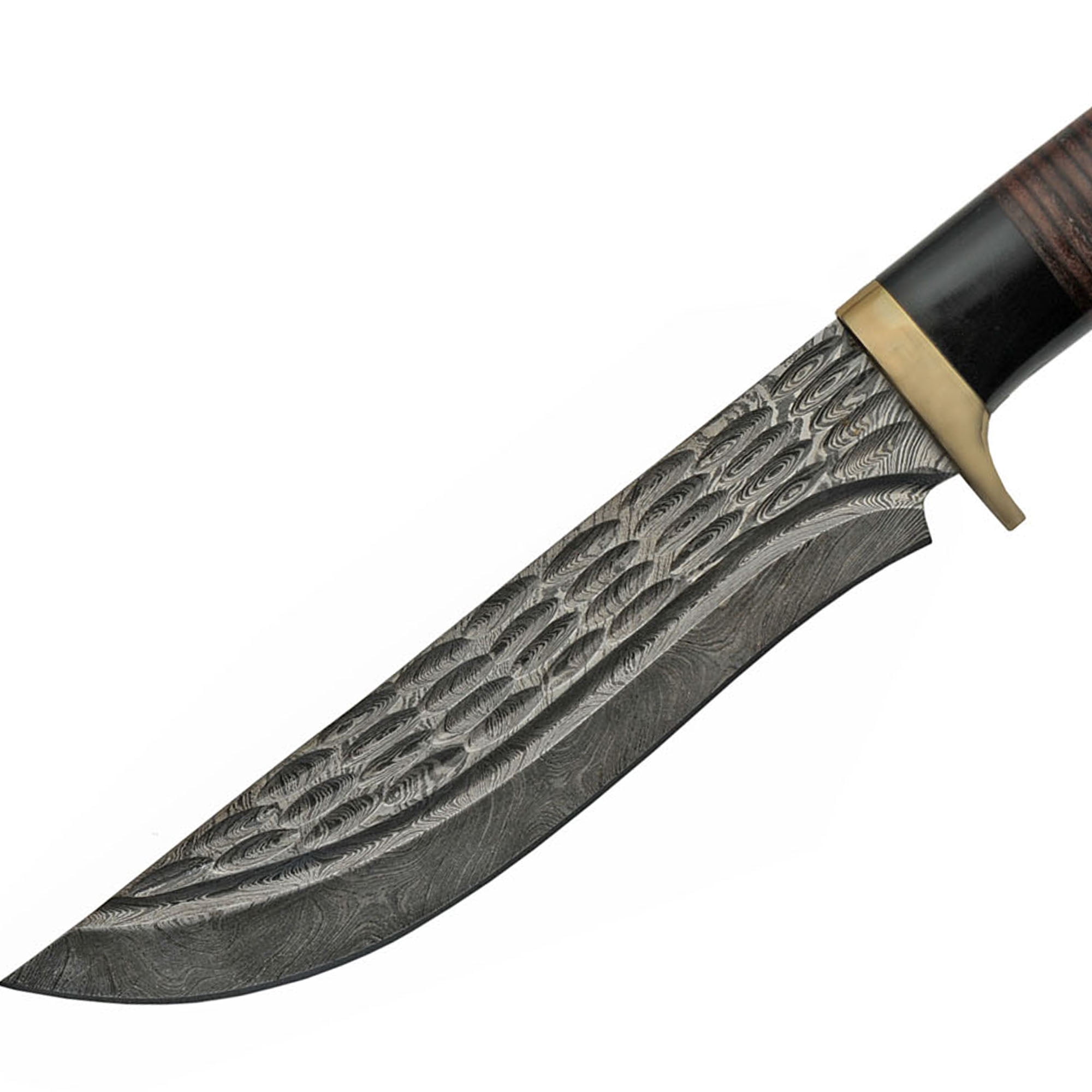 SANZ 12 Inch Wave Fixed Blade Hunting Knife Decorative Grooved Blade Brass Guard Horn and Leather Handle with Sheath Outdoor Utility Knife