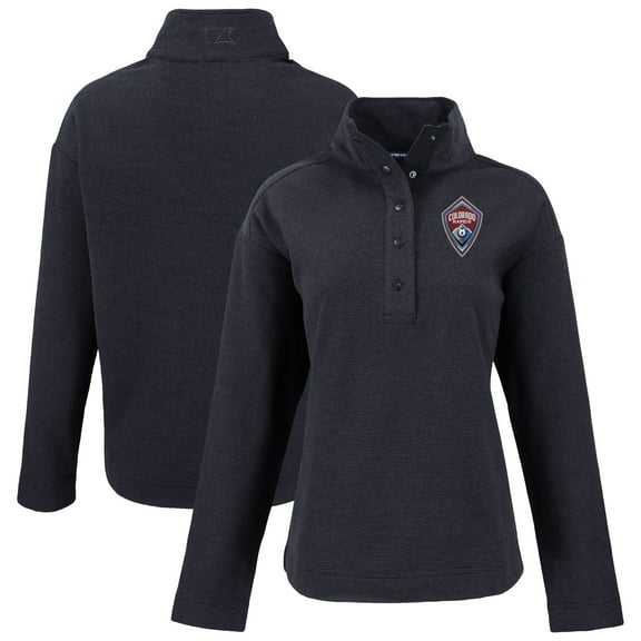 Women's-Cutter & Buck  Black Colorado Rapids Hunts Point Eco Textured Fleece Recycled Quarter-Snap Pullover Top