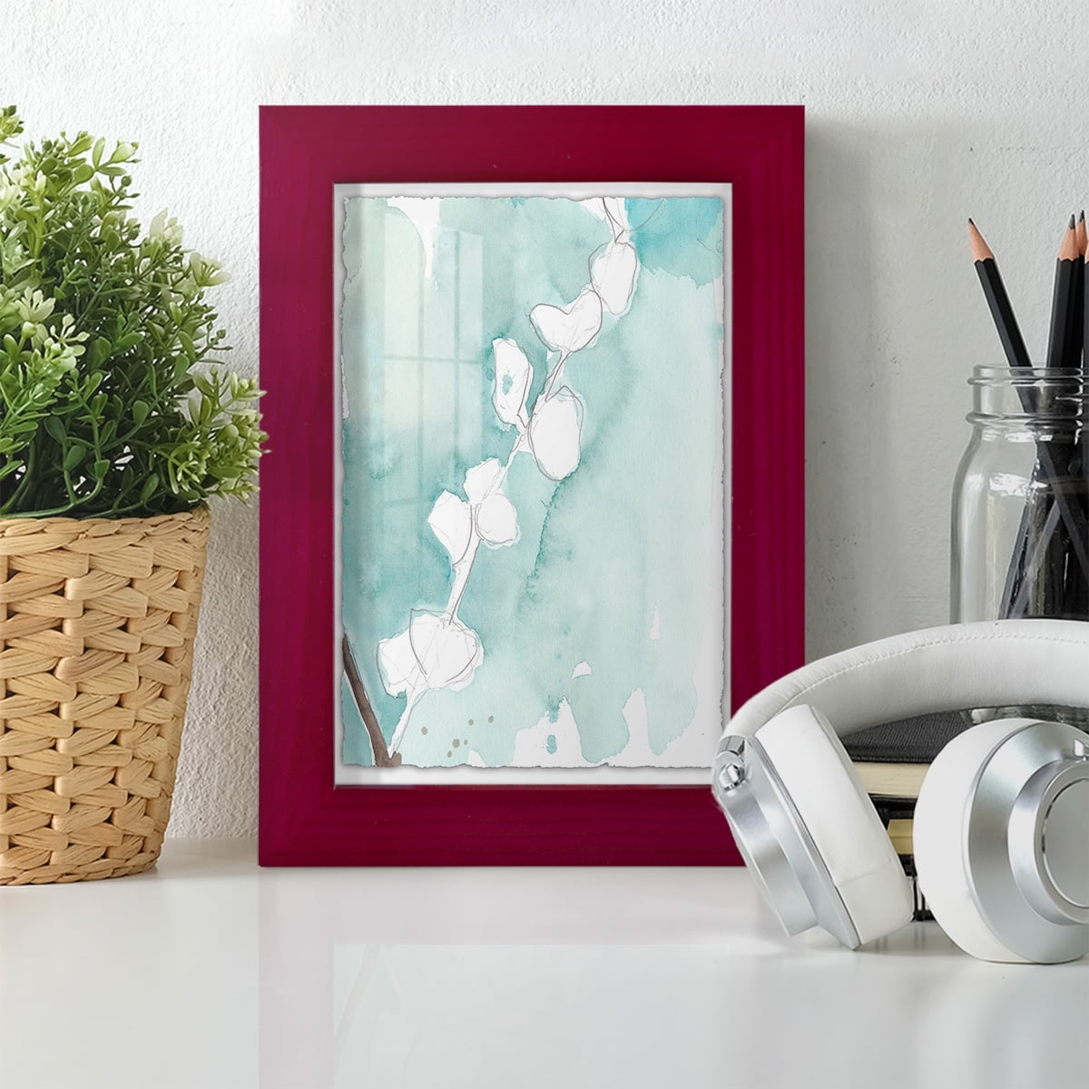Ginkgo on Dusty Teal V - Framed Print w/glass - Cherry Red