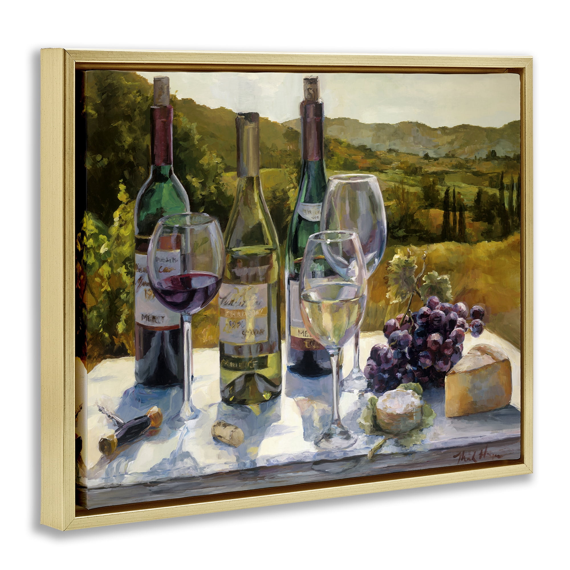 Stupell Industries Wine and Cheese Vineyard Food & Beverage Painting Gold Floater Framed Canvas Art Print Wall Art, 31 x 25