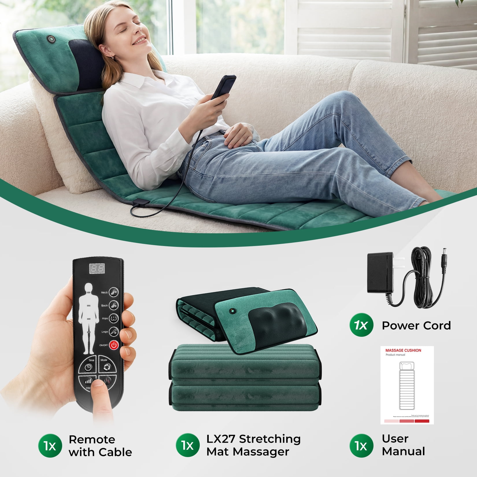 Full Body Massage Mat with Heat, Detachable Massager Pad for Deep Tissue Pain Relief, 10 Vibrating Motors for Relaxation at Home or Office