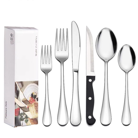 Hisemy Juego de 48 Cubiertos de Acero Inoxidable, Juego De Cubiertos Para 8 Personas,con Cuchillo de Carne, Cuchillo Normal,Vajilla para el Hogar, Restaurante, Aptas para el lavavajillas (Plata)