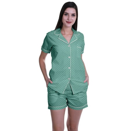 Moomaya WoMen s Short Sleeve Button Sleepwear Shorts Shirt Pj Set Nightwear