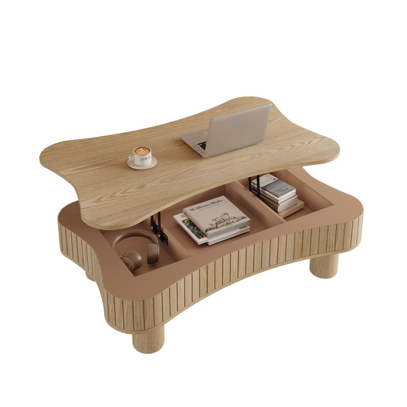 42" Lift Top Coffee Table with Hidden Storage, Fluted Panel Center Table with Hydraulic Lift, Rounded Corners, Wood Living Room Coffee Table for Small Spaces,Natural Wood
