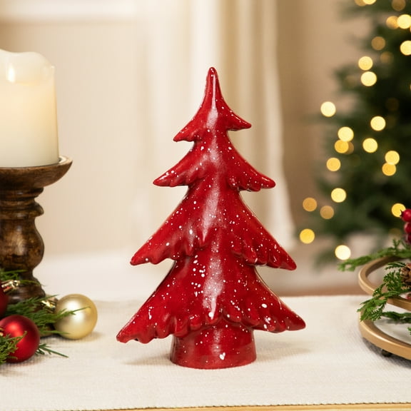 Shiny Christmas Tree with Snowy Accents Tabletop Decoration - 10" - Red