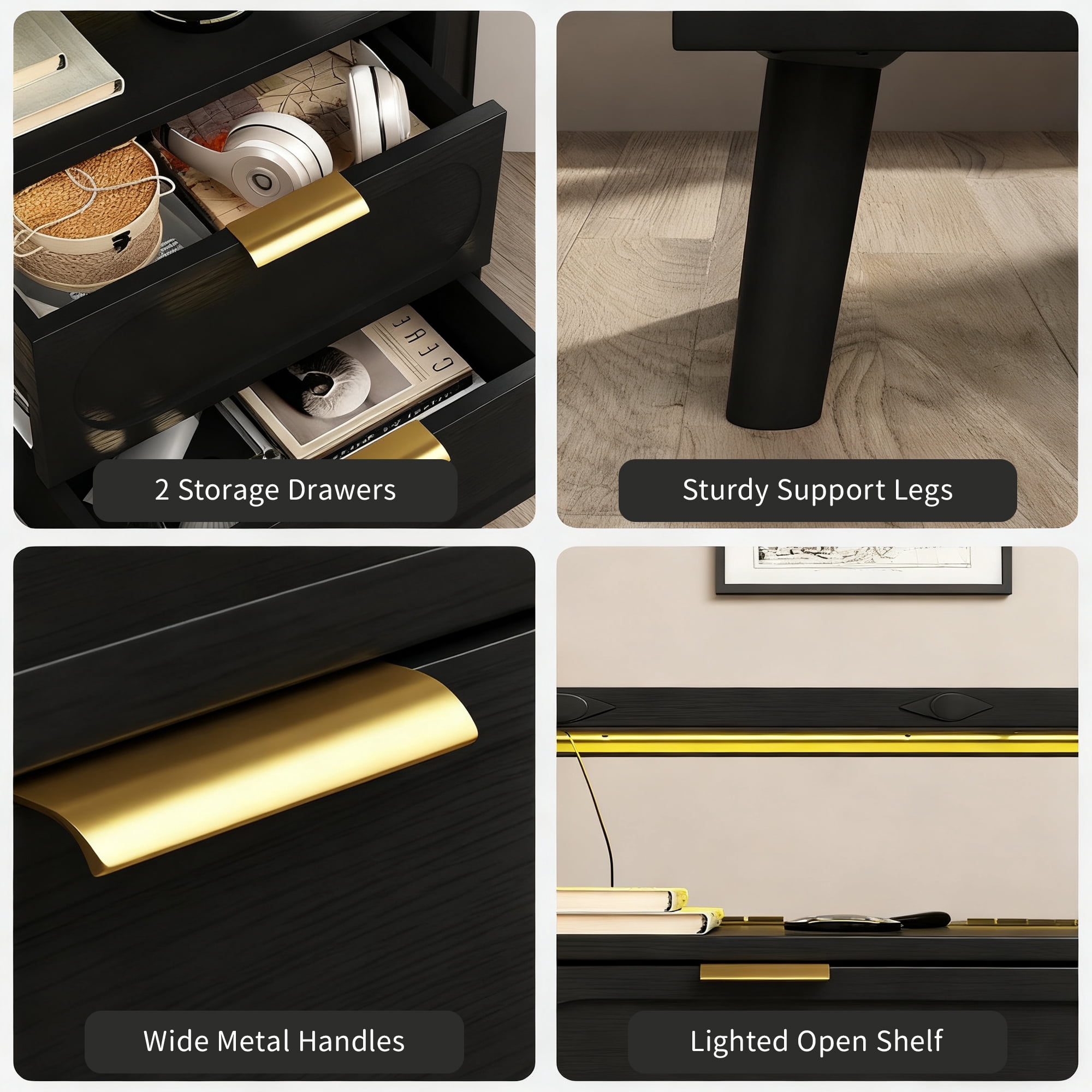 IDEALSOUL Nightstand with Charging Station, Smart Led Nightstand with 2 Drawer, Modern Bedside Table End Side Table Nightstands for Bedroom, Living Room, Black
