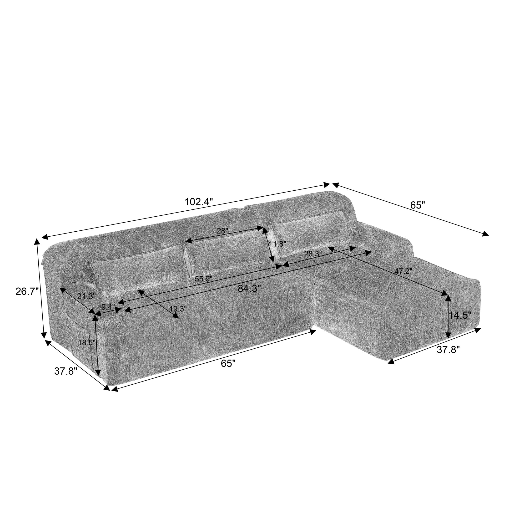 Aukfa 102.4" Modular Sectional Sofa with Right Facing L-Shape Chaise, Deep Seat Chenille Upholstered Couch with Lumbar Pillow, No Assembly Required, Green