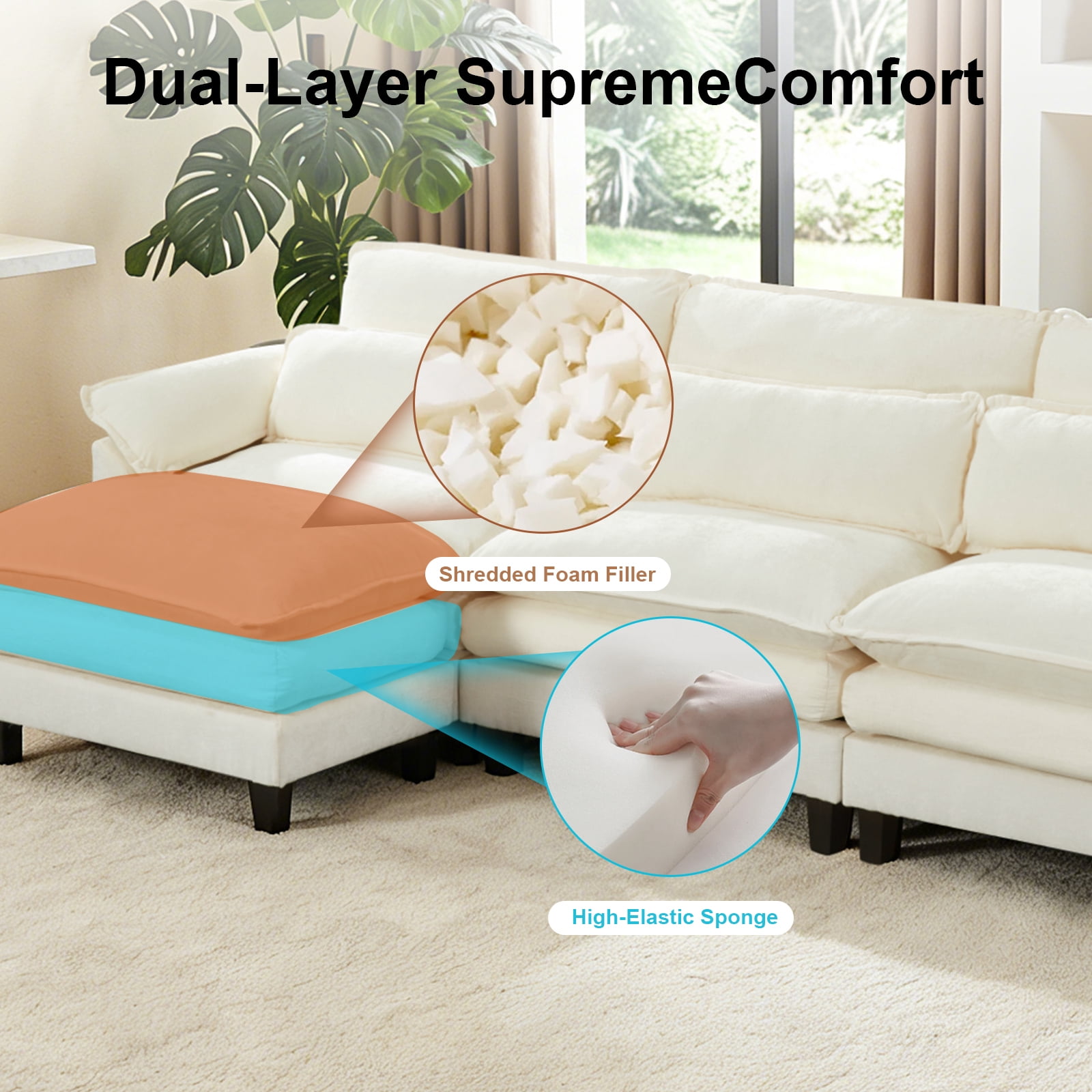 Howcool 113" Modular Sectional Sofa with Movable Ottoman , 3 Seater L Shaped Cloud Couch for Living Room, USB Charging Ports & Side Pockets, Chenille Fabric, Beige