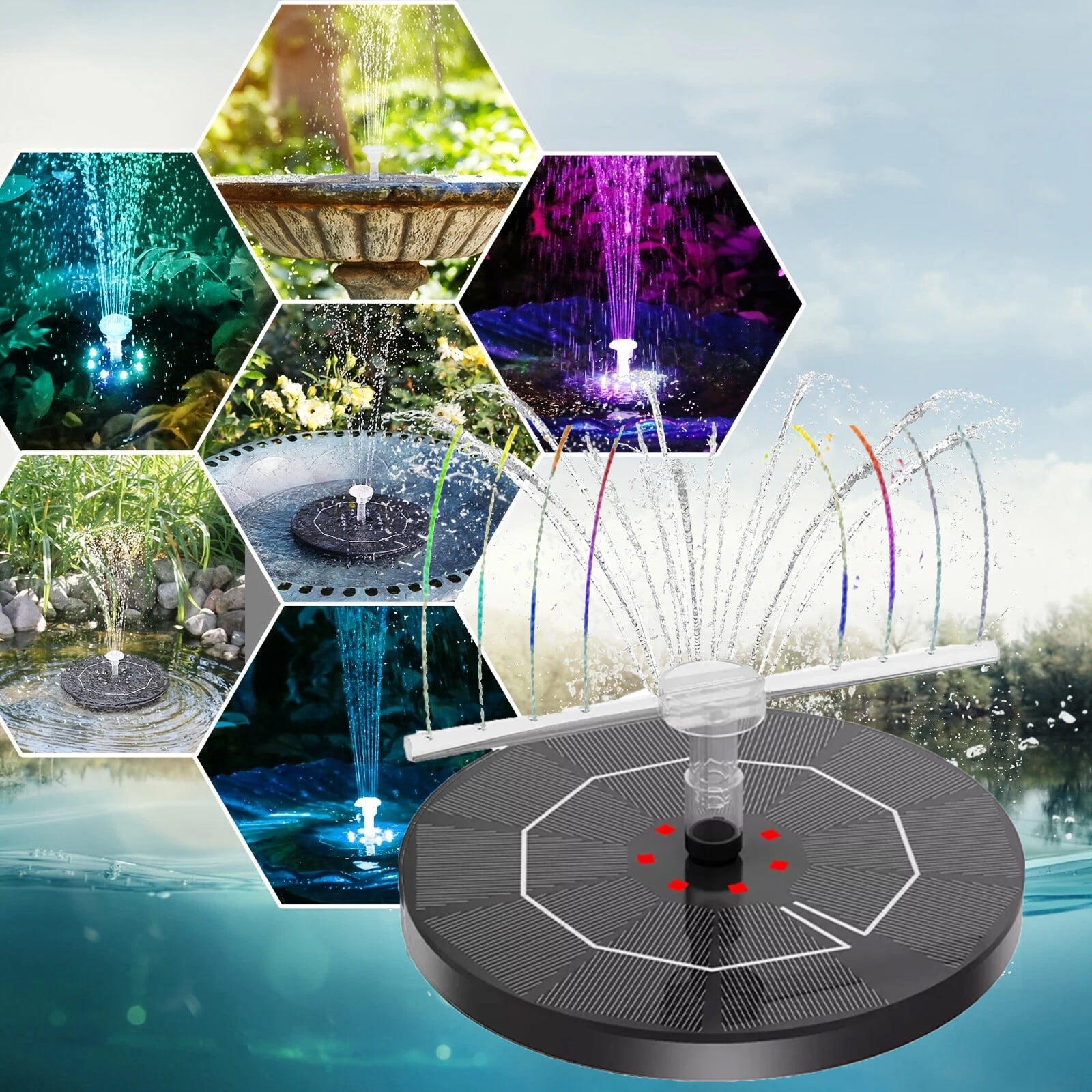 Soapow 8 LED Solar Fountain Pump, Bird Bath Fountains with Colorful Lights, 7 Nozzle and Fixer, Floating Rotating Water Fountain for Fish Tank, Garden, Pond, Outdoor, Swimming Pool and Aquarium