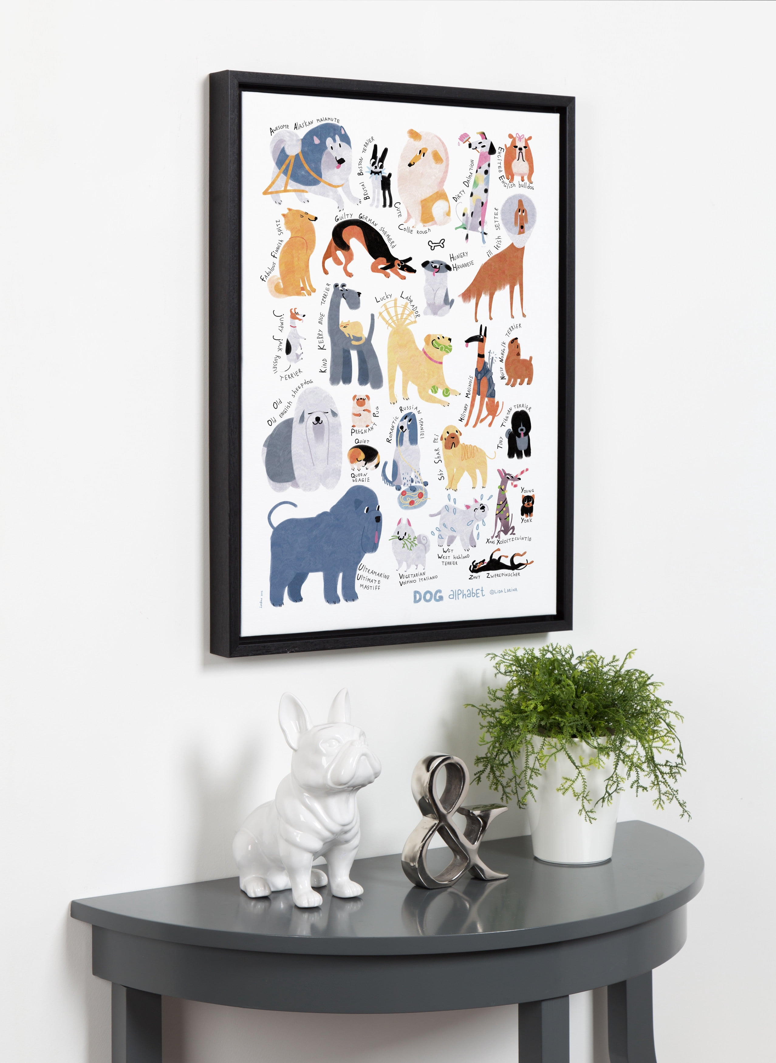 Kate and Laurel Sylvie Dog Alphabet Art Framed Canvas Wall Decor by Lida Larina, 18x24 Black