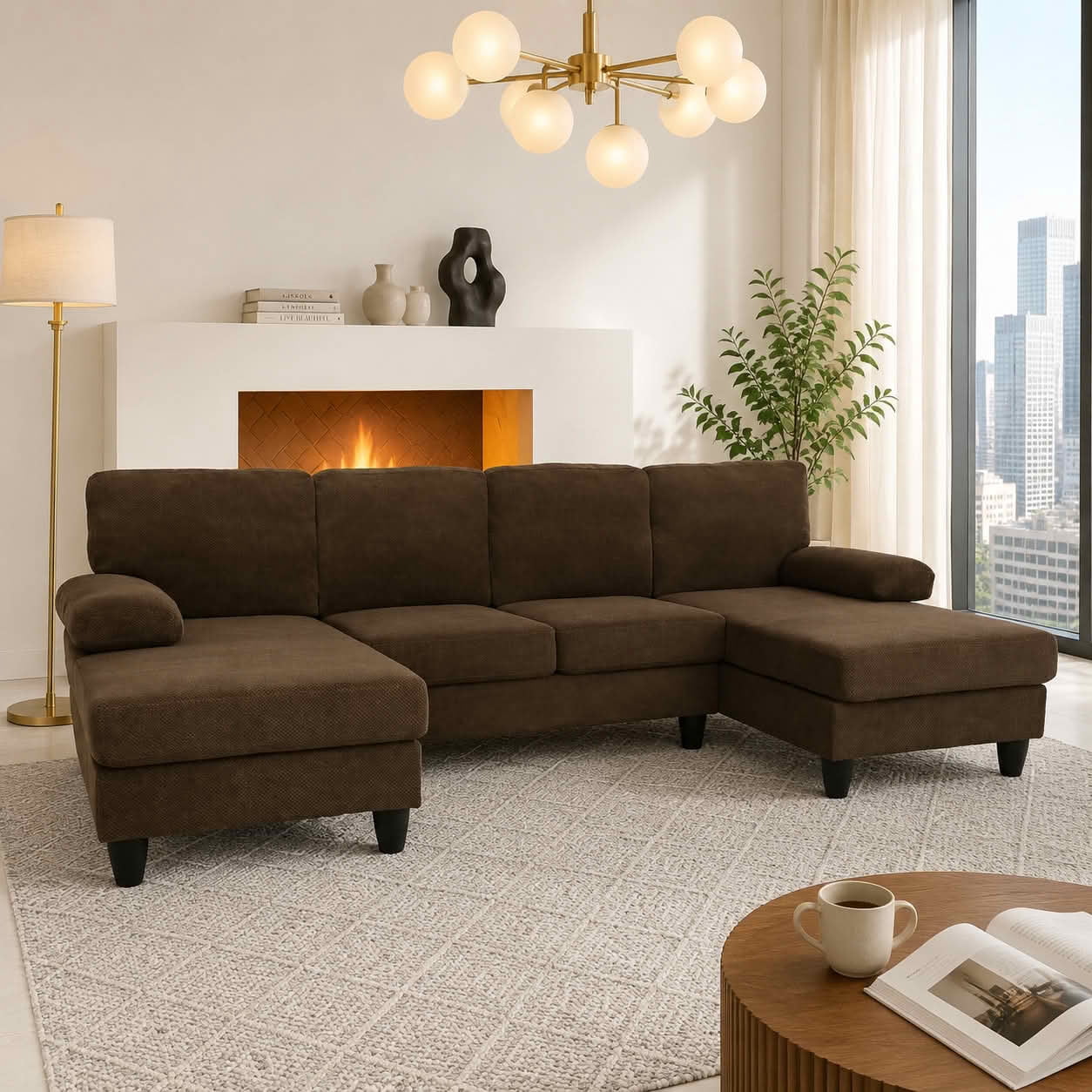 MAYEERTY 104" U‑Shaped Sectional Sofa, Nubby Textured Upholstery Couch with Dual Chaise & Plush Upholstered Armrests, Modern Living Room Furniture